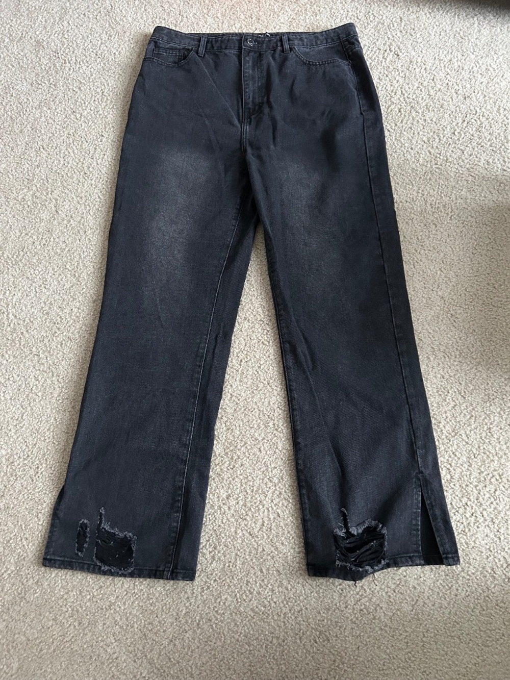 Pretty Little Thing Plus Washed Black Ripped Split Hem Straight Jeans US 12 NEW